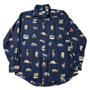 Maus & Hoffman Mens XL Long Sleeve Safari Print Button-Up Shirt 100% Cotton Navy